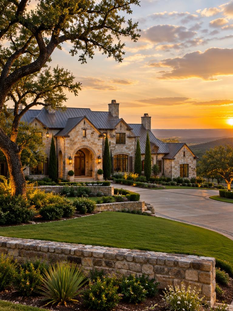 Texas Hill Country estate home with stone exterior and manicured grounds